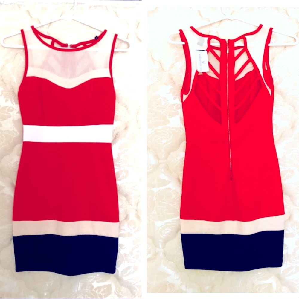 Windsor mini dress Orange, cream navy stripe stretch open cage back S new w tag